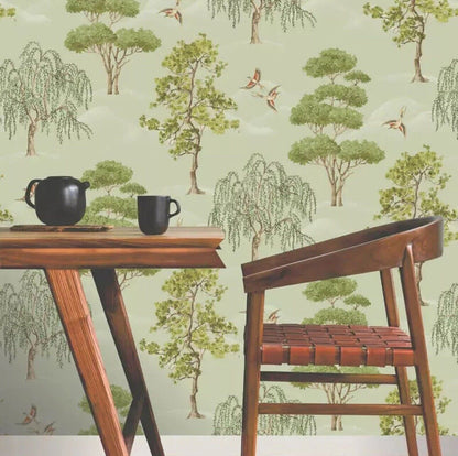Rasch Maya Willow Woodland Wallpaper – Green Bird Print Luxury Decor | 283876