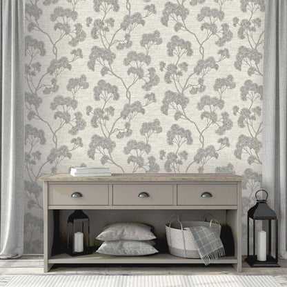 Rasch Elegant Homes Gingko Wallpaper – Textured Grey Botanical Leaf | 316025