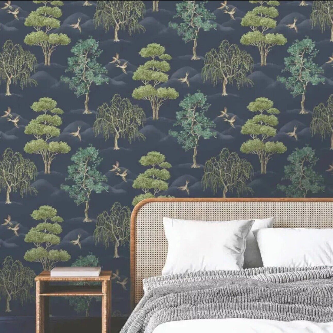 Rasch Maya Willow Woodland Navy Green Bird Print Wallpaper 283869