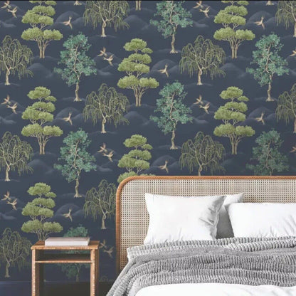Rasch Maya Willow Woodland Navy Green Bird Print Wallpaper 283869
