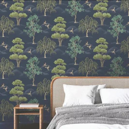 Rasch Maya Willow Woodland Navy Green Bird Print Wallpaper 283869