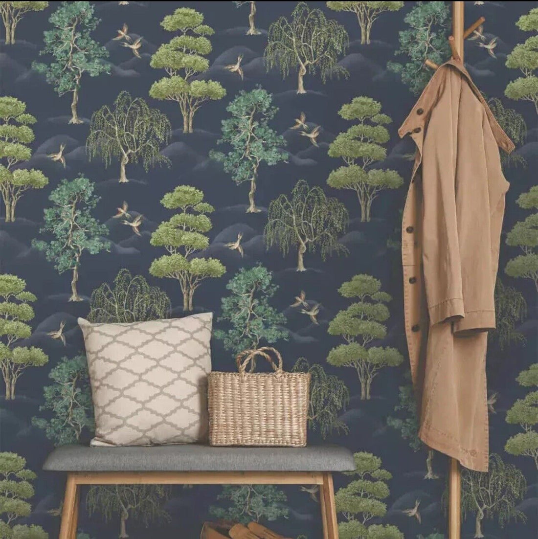 Rasch Maya Willow Woodland Navy Green Bird Print Wallpaper 283869