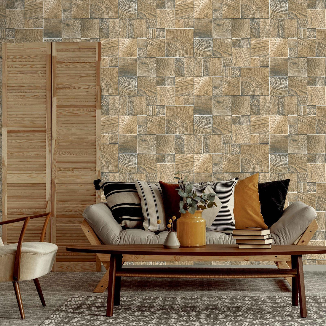 Rasch Wooden Block Wood Tiles Wallpaper Glitter Textured Vinyl Caramel 532630