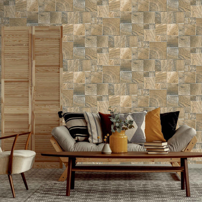 Rasch Wooden Block Wood Tiles Wallpaper Glitter Textured Vinyl Caramel 532630