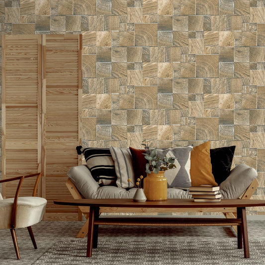 Rasch Wooden Block Wood Tiles Wallpaper Glitter Textured Vinyl Caramel 532630