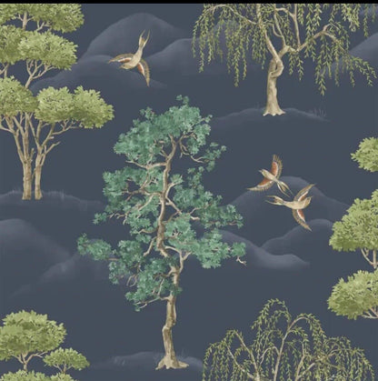 Rasch Maya Willow Woodland Navy Green Bird Print Wallpaper 283869