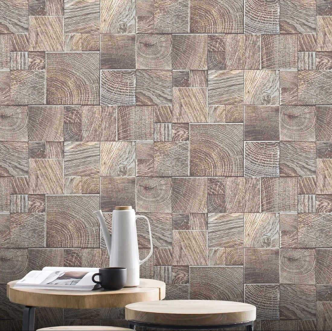 Rasch Wooden Block Wood Tiles Wallpaper Glitter Textured Vinyl Greige 532623