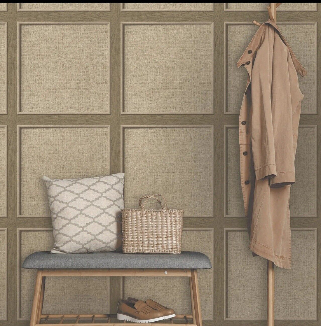 Walnut Oak Panelled 3D Smooth Brown Weave Wood Grain Effect Wallpaper 285795