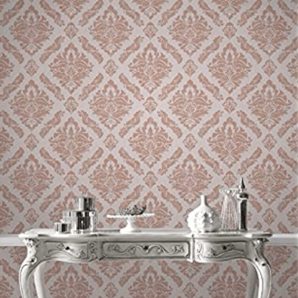 Graham & Brown Super Fresco Damask Wallpaper 104260 – Rose Gold Metallic Textured Vinyl, 10m Roll