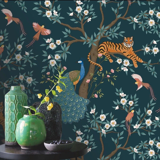 Navy Teal Tropical Wallpaper – Tiger, Birds, Peacock, Trees & Floral Jungle Design – 285672