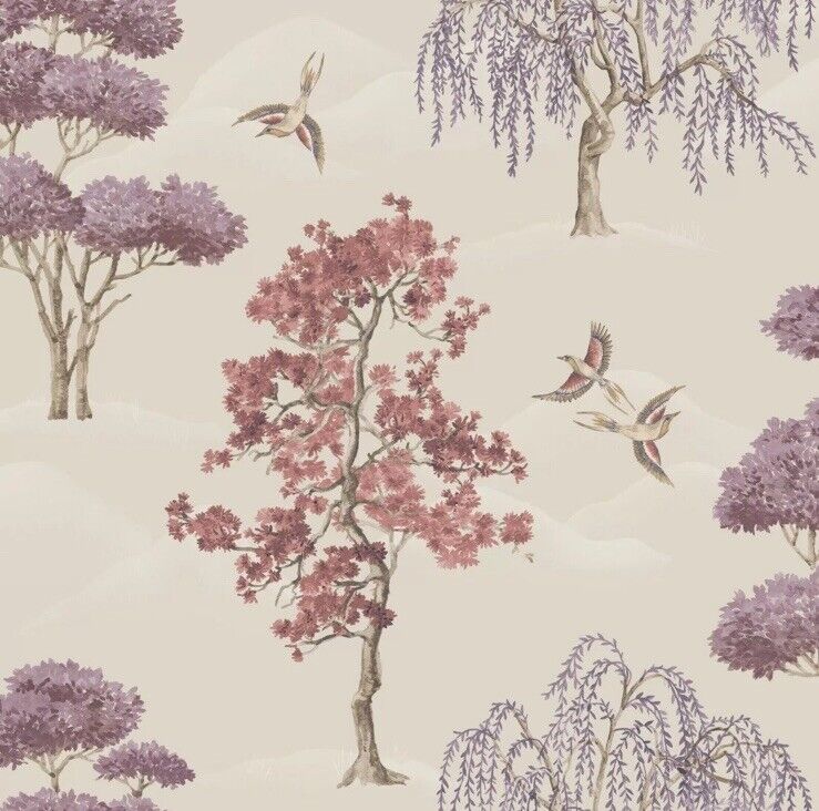 Rasch Maya Willow Woodland Mauve Bird Print Luxury Wallpaper Clearance 283890