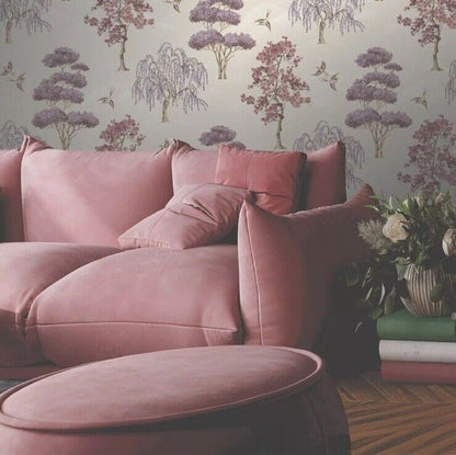Rasch Maya Willow Woodland Mauve Bird Print Luxury Wallpaper Clearance 283890