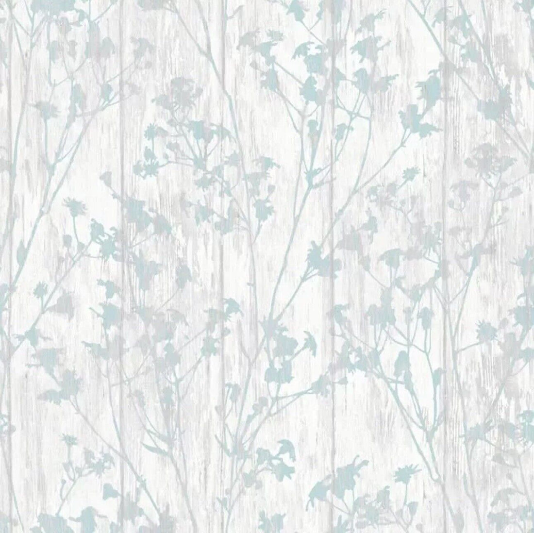 Rasch Blue Duck Egg Floral Pattern On a Washed White Woodslats Wallpaper 271996