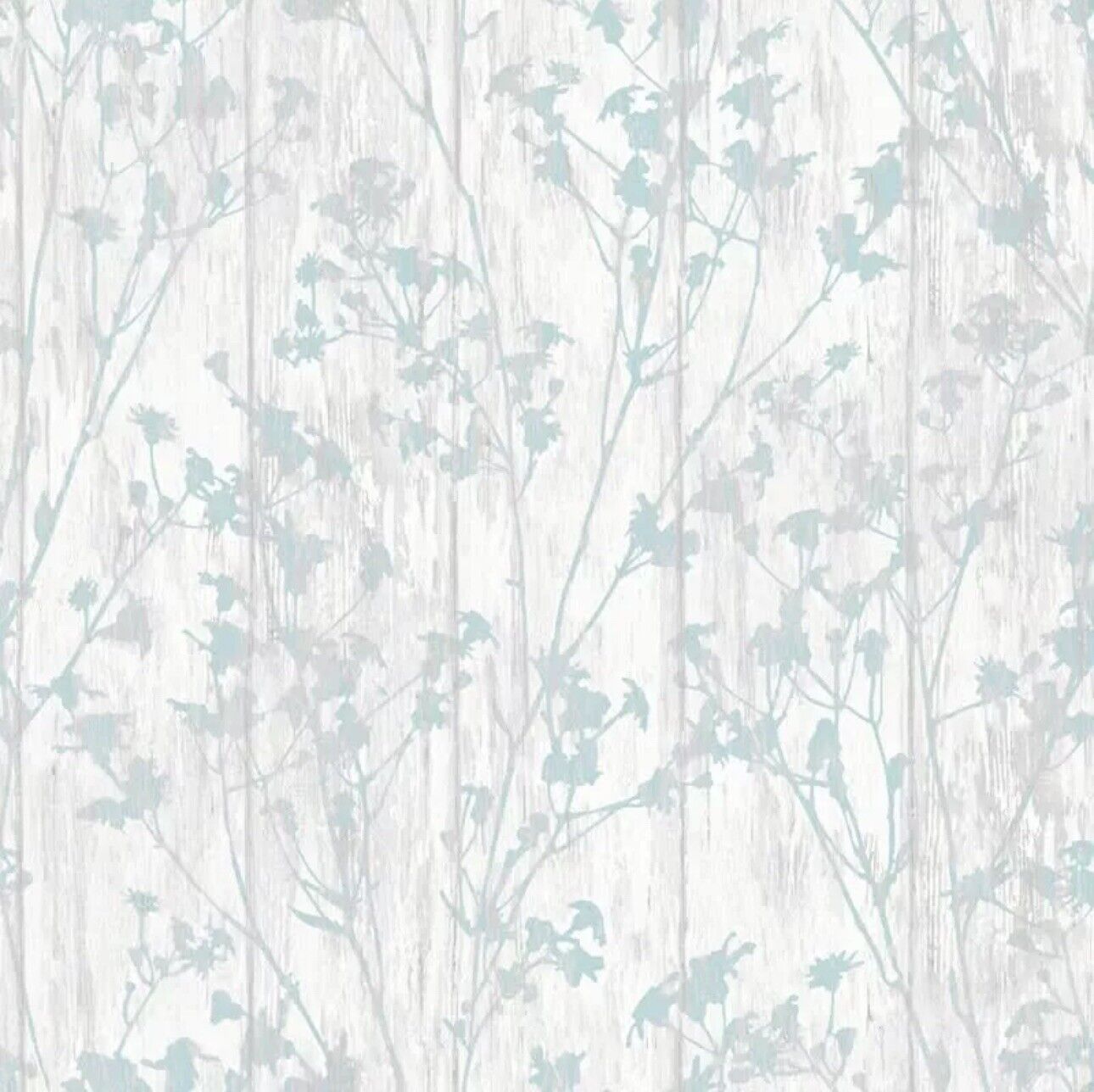 Rasch Blue Duck Egg Floral Pattern On a Washed White Woodslats Wallpaper 271996
