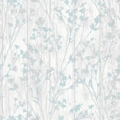 Rasch Blue Duck Egg Floral Pattern On a Washed White Woodslats Wallpaper 271996