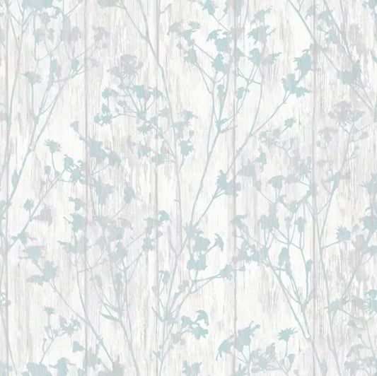 Rasch Blue Duck Egg Floral Pattern On a Washed White Woodslats Wallpaper 271996