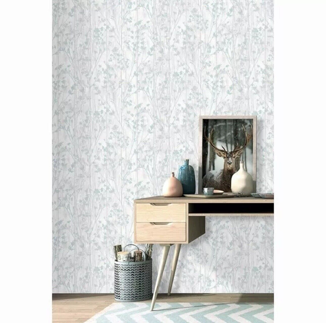 Rasch Blue Duck Egg Floral Pattern On a Washed White Woodslats Wallpaper 271996